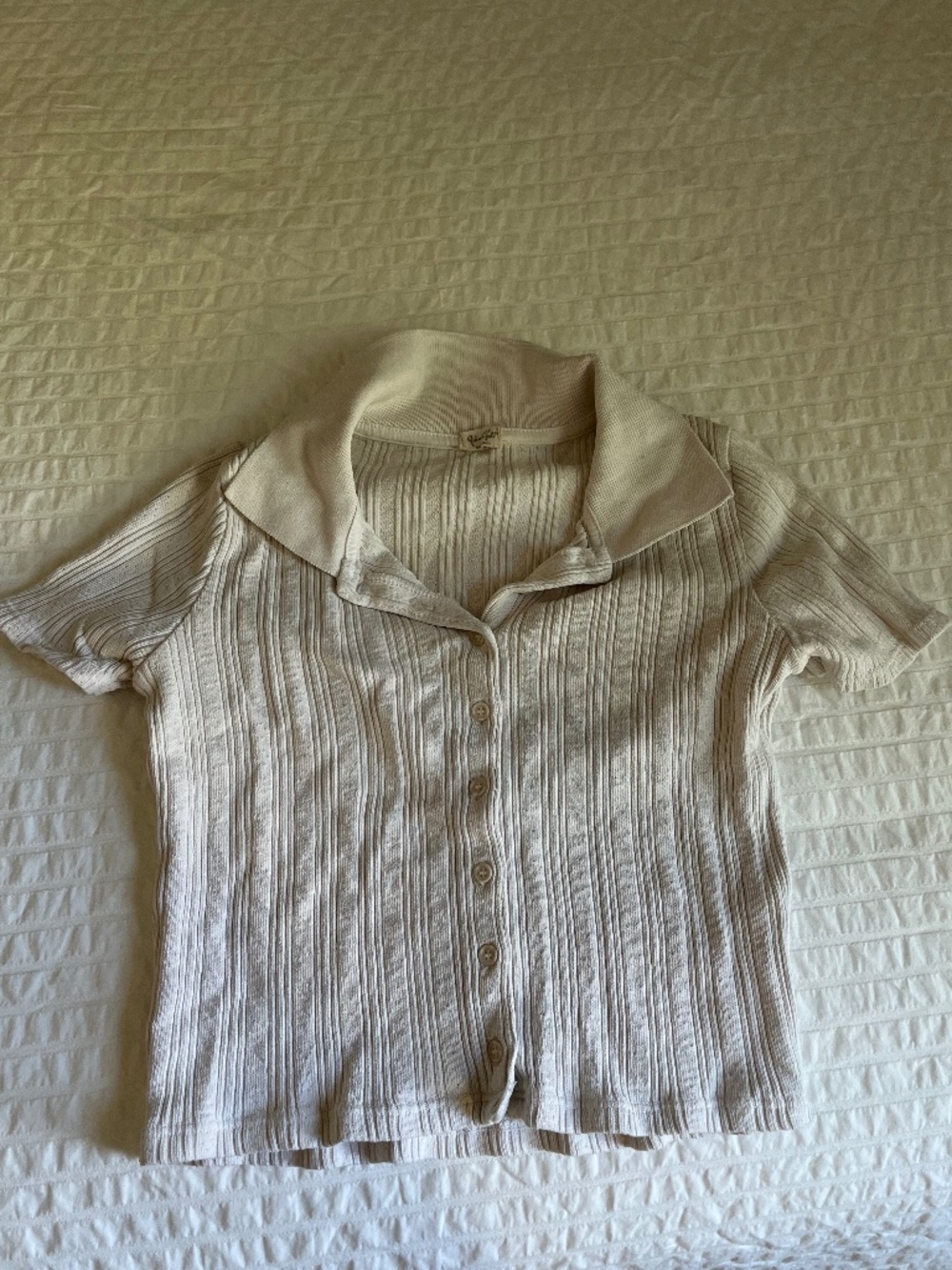 John Galt Brandy Melville White Ribbed Button Down Short Sleeve Top